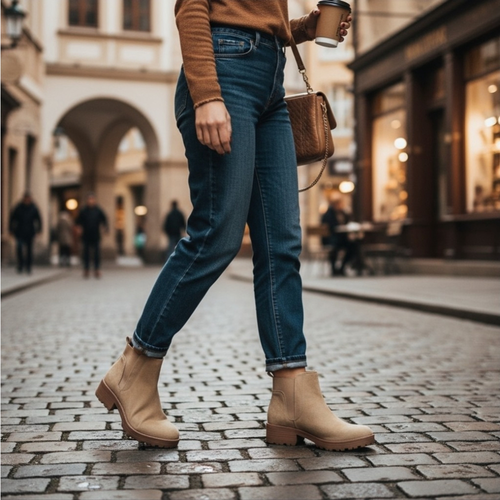 Sun + Stone Faux Microsuede Chelsea Zip On Lug Boots Booties 7.5 M Desert Beige